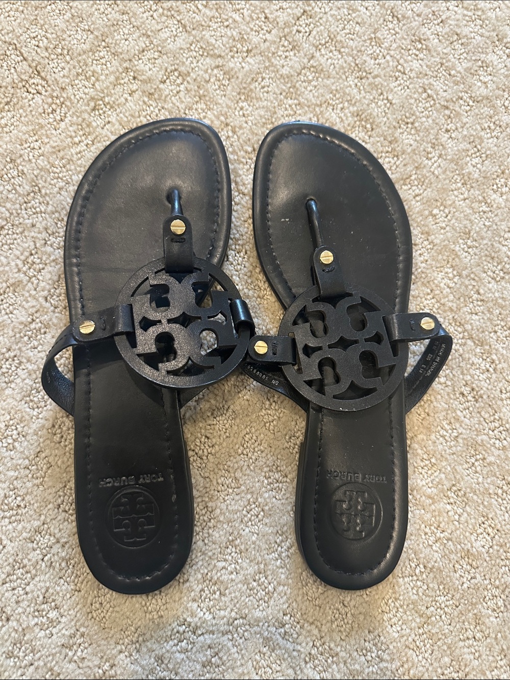 Tory Burch Black Leather Cutout Logo Thong Sandals